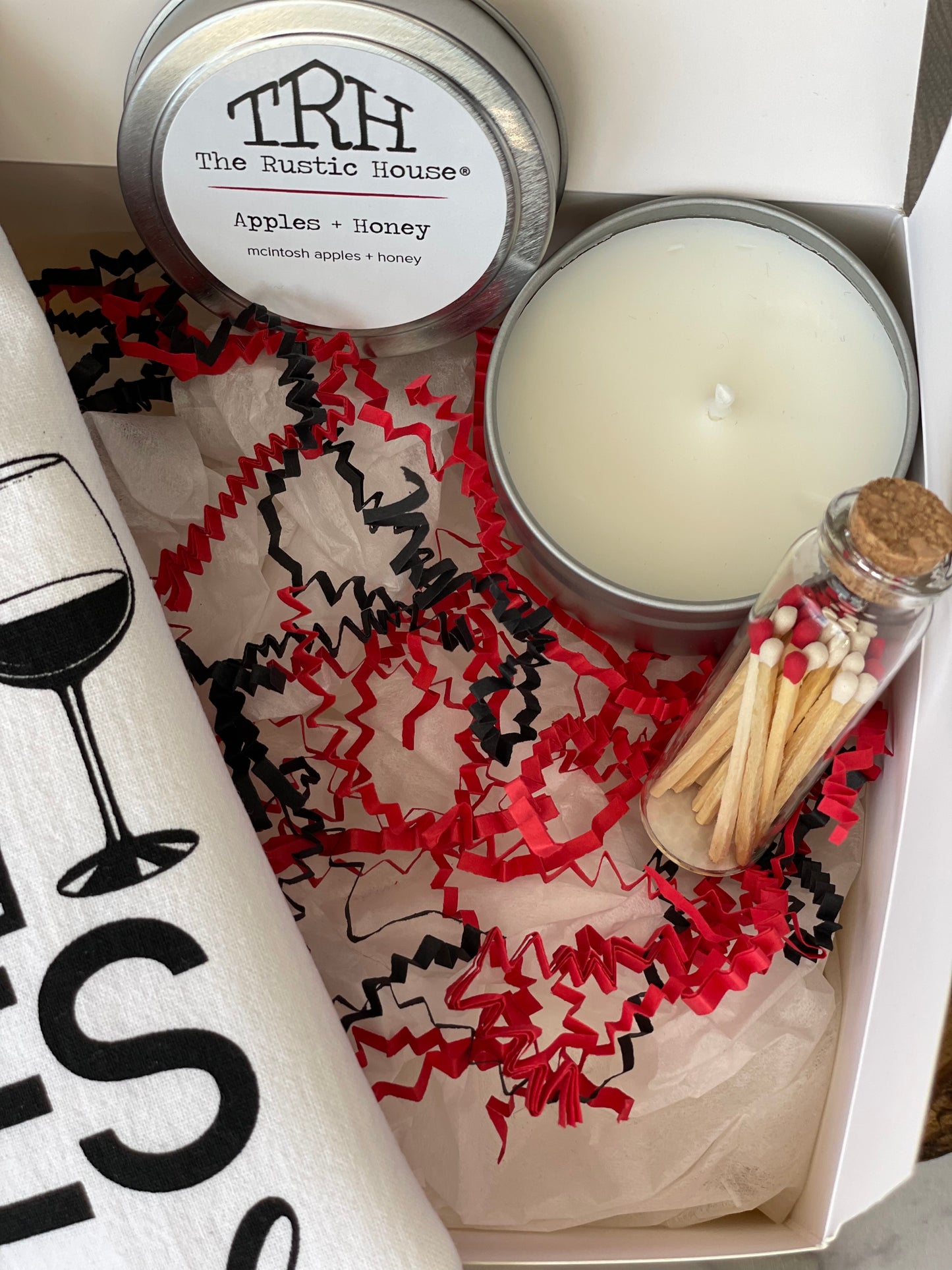 Customized Gift Box with 4oz Candle, Tea Towel, & Small Corked Vial of Matches